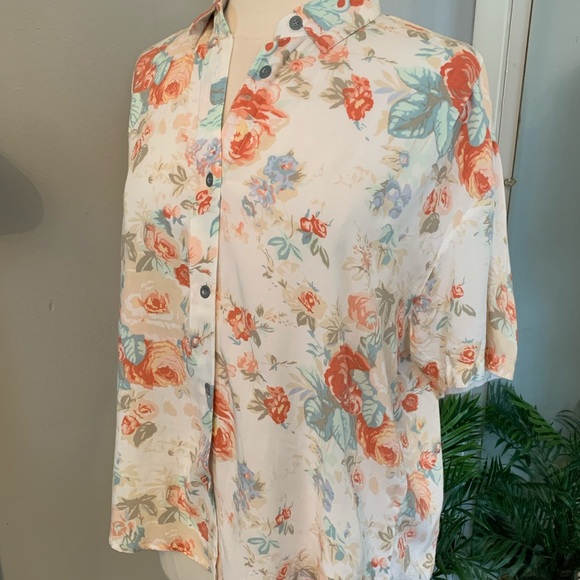 Vintage 90s Y2K Floral Button up Blouse M oversized lightweight coastal cowgirl - Picture 8 of 14